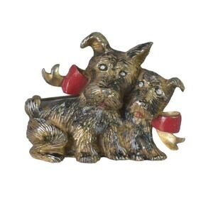 1950s Brass Plate Black & Red Enamel Pair of Scottie Dog Puppy Pin Brooch